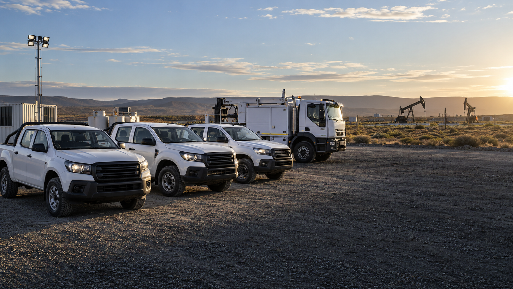 Flota de camionetas y unidad de servicio en una operación energética de la Patagonia